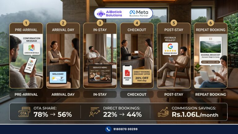 WhatsApp for hotels India — 6-flow automation system to increase direct bookings and reduce OTA dependency