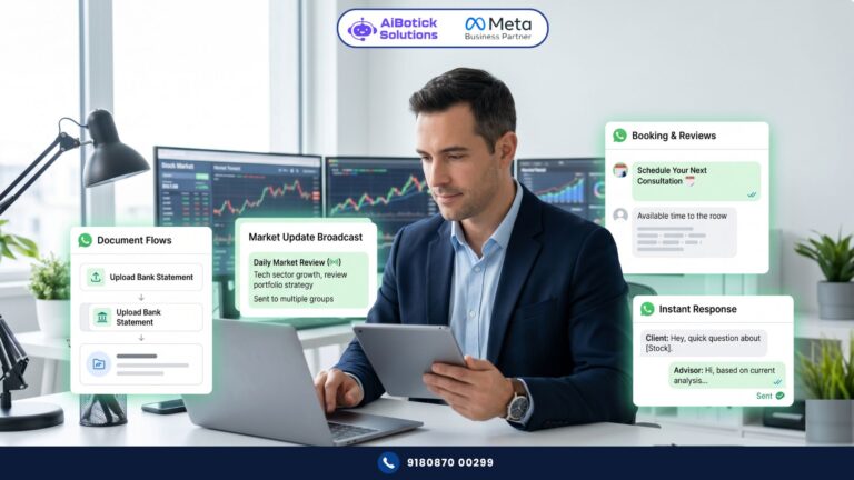 Financial advisor managing client portfolio communications on WhatsApp with automated flows and broadcasts