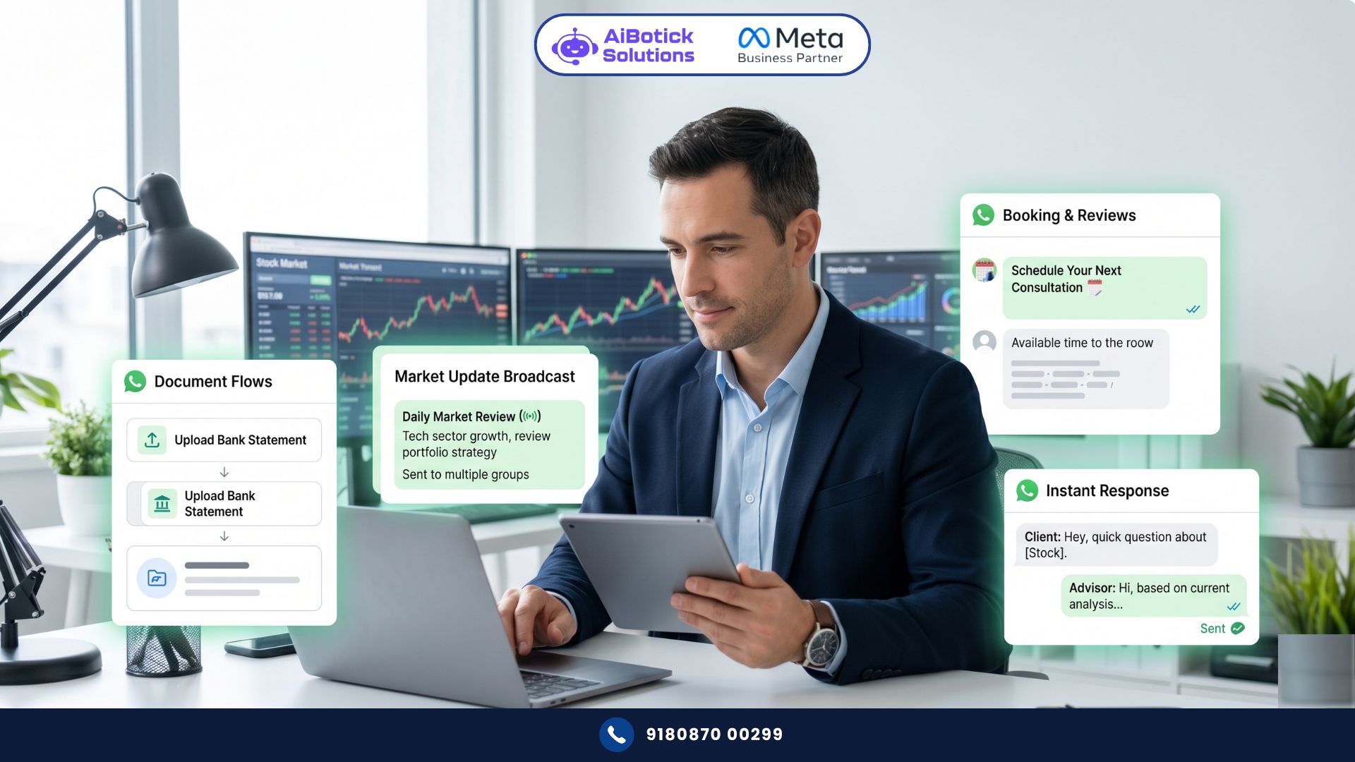 Financial advisor managing client portfolio communications on WhatsApp with automated flows and broadcasts
