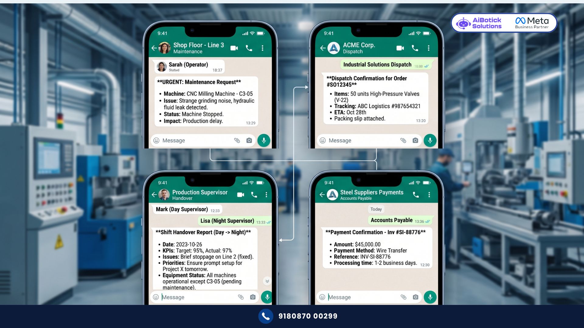 Plant manager using WhatsApp for manufacturing to automate shift handovers, maintenance alerts, and customer dispatch notifications