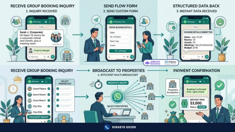 Luxury hotel manager automating group bookings on WhatsApp with Flows and broadcasts to increase bookings