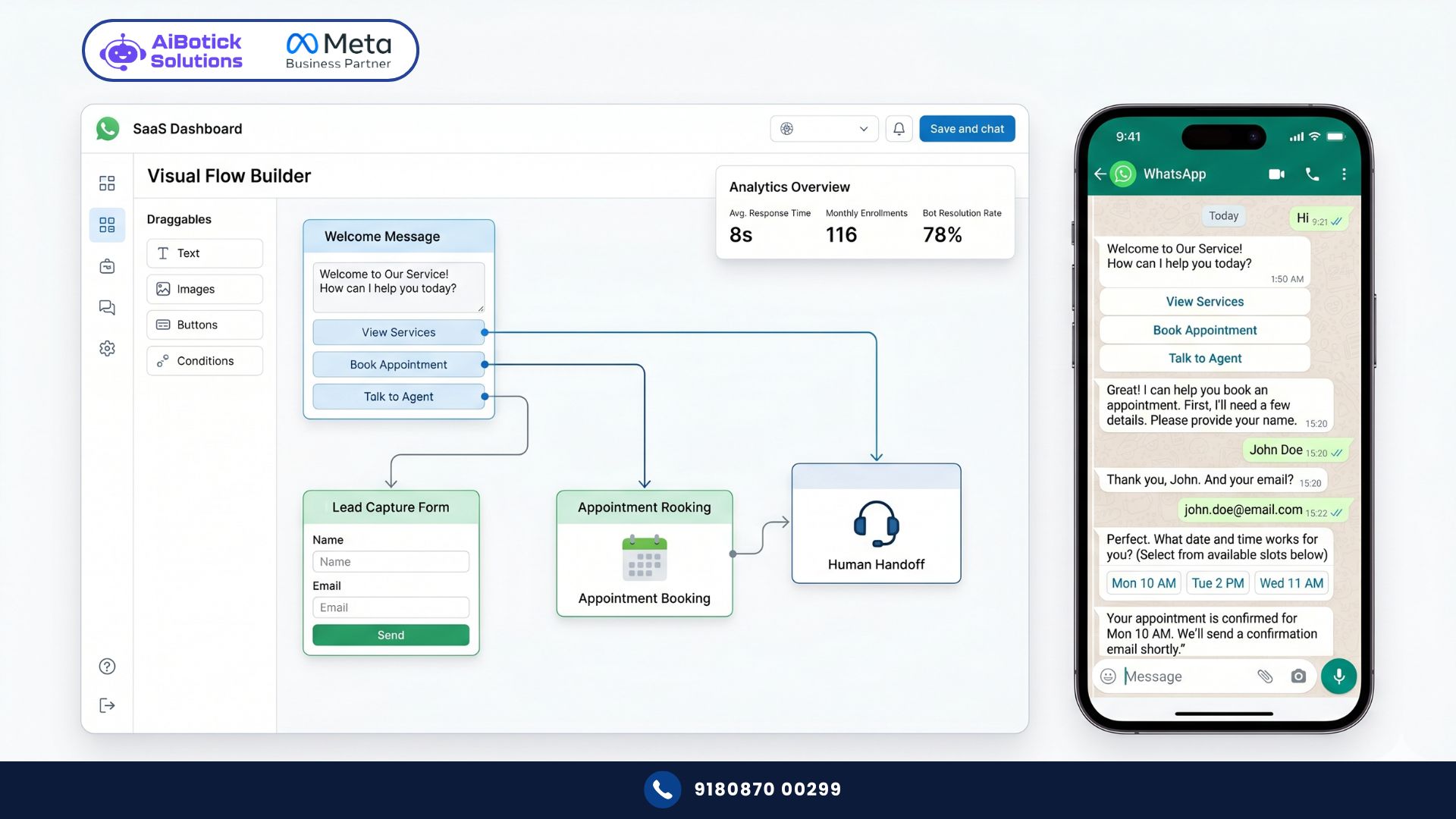 Business owner building a WhatsApp chatbot builder flow with no code to automate customer inquiries and lead qualification