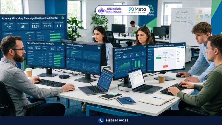 Digital marketing agency team managing WhatsApp for digital marketing agencies campaigns across multiple clients