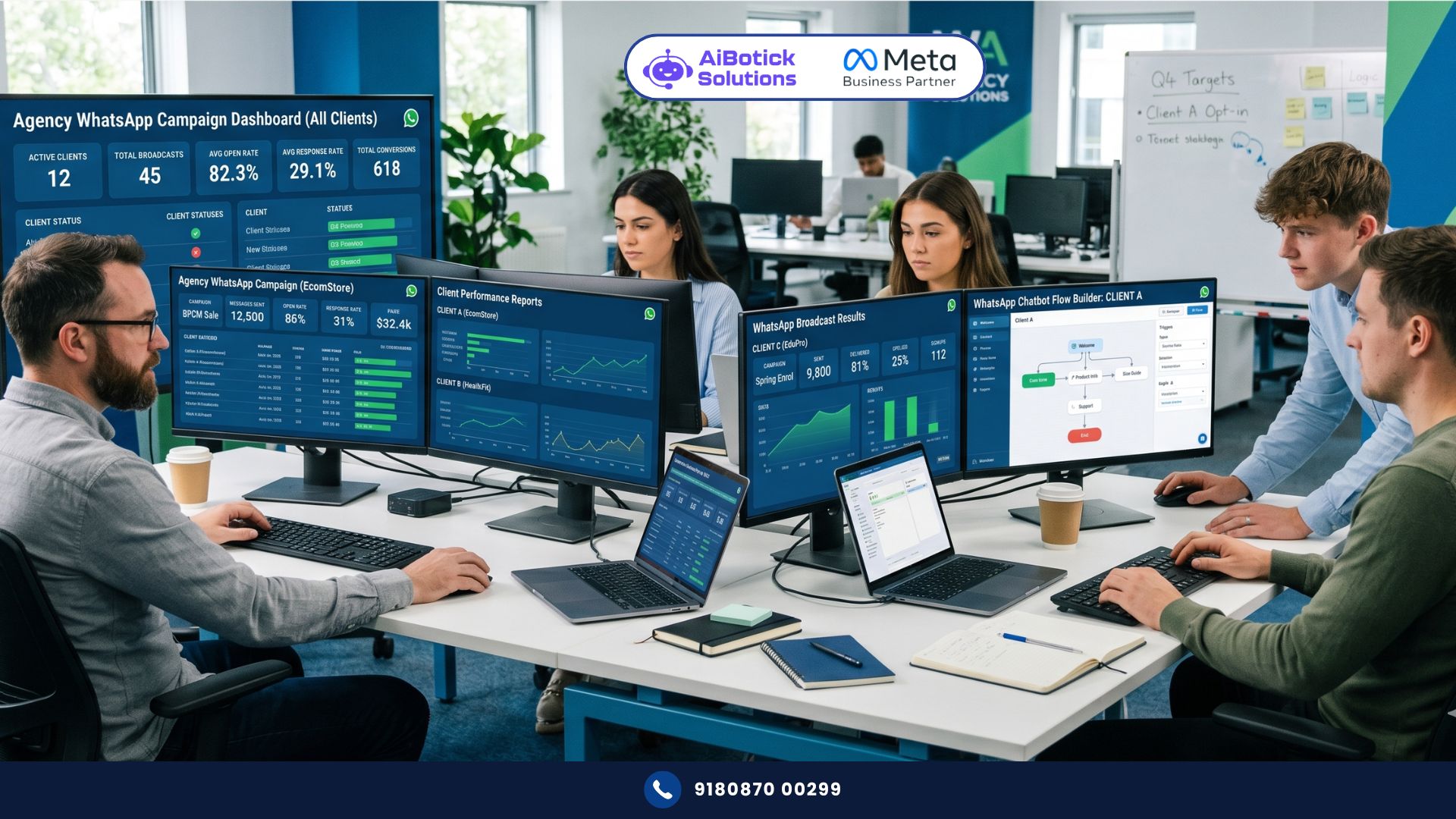 Digital marketing agency team managing WhatsApp for digital marketing agencies campaigns across multiple clients