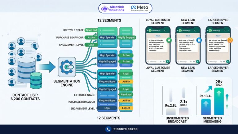 WhatsApp audience segmentation diagram showing 6,200 contacts split into 12 segments with different personalised messages and 28x ROAS