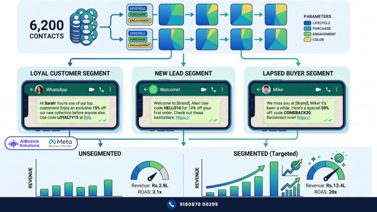 WhatsApp audience segmentation diagram showing 6,200 contacts split into 12 segments with different personalised messages and 28x ROAS