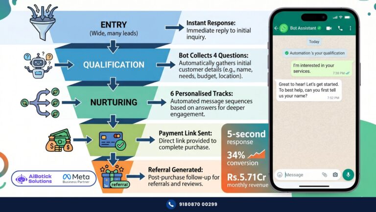 WhatsApp sales funnel diagram showing 5 automated stages from lead entry to post-sale referral generation