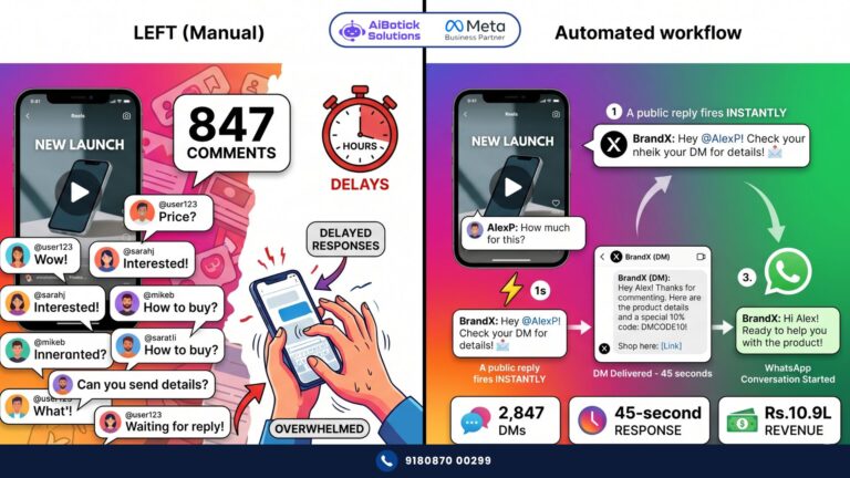 Instagram and Facebook comment automation system sending instant DMs to every commenter with WhatsApp lead capture