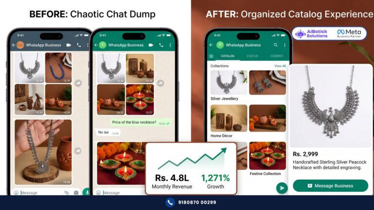 Indian business owner completing WhatsApp catalog setup with product collections and pricing for direct WhatsApp sales