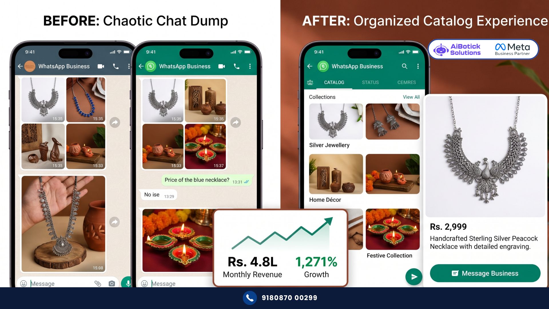Indian business owner completing WhatsApp catalog setup with product collections and pricing for direct WhatsApp sales